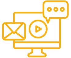Digital communication icons: email, video, chat.